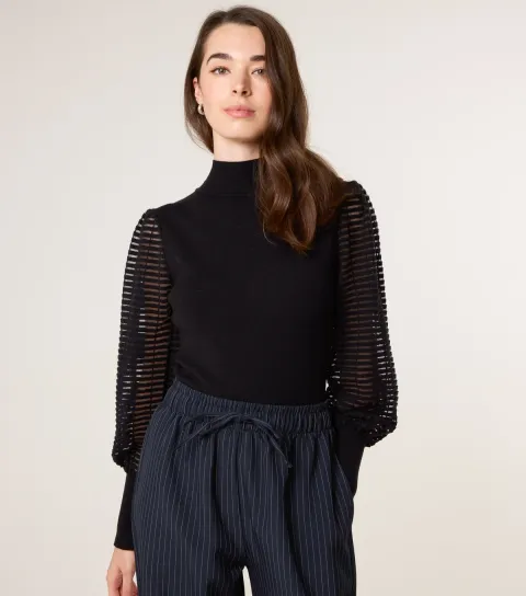 Women's Black Mesh Sleeve High Neck Jumper