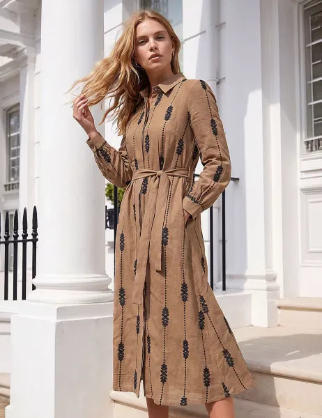 Embroidered Belted Midi Dress Taupe