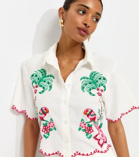 Women's Cream Cotton Embroidered Cropped Shirt