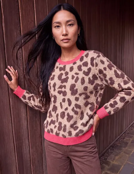 Roman Rayon Blend Fluffy Animal Print Jumper Brown Mix