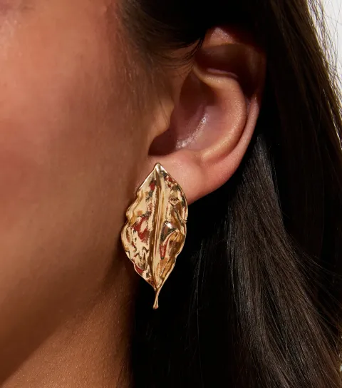Gold Tone Textured Leaf Stud Earrings