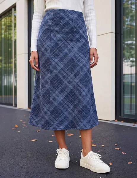 Roman Shadow Check A-Line Skirt Navy Mix