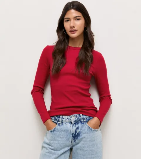 Women's Bright Red Cotton Rich Long Sleeve Rib Crew Neck Top