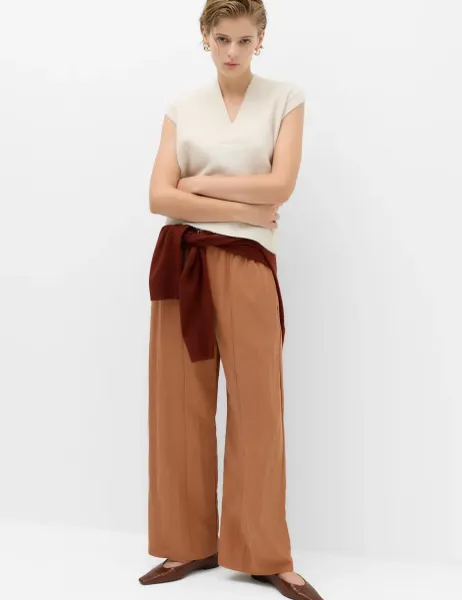 Marks & Spencer Lyocell Rich Elasticated Waist Wide Leg Trousers Rust