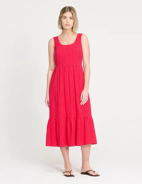 Finery London Cotton Blend Gingham Midi Waisted Dress Pink Mix