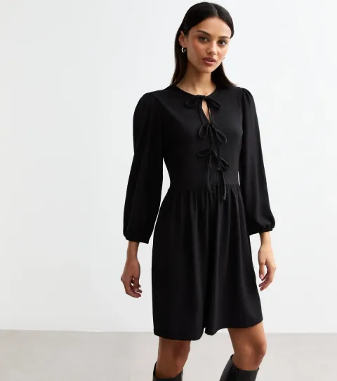 Women's Black Tie Front Textured Jersey Mini Dress