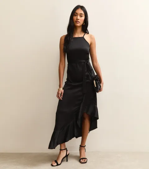 Women's Black Satin Ruffled Wrap Midi Dress