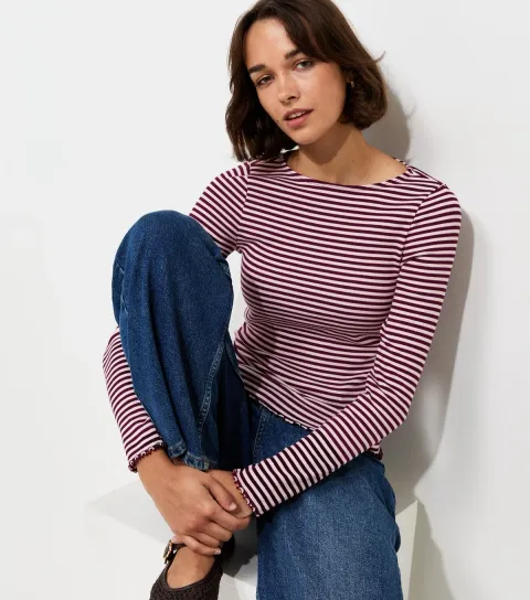 New Look Women's Burgundy Cotton Rich Striped Babylock Long Sleeve Top