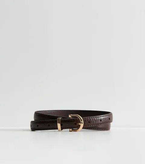 New Look Dark Brown Faux Leather Croc Embossed Skinny Belt