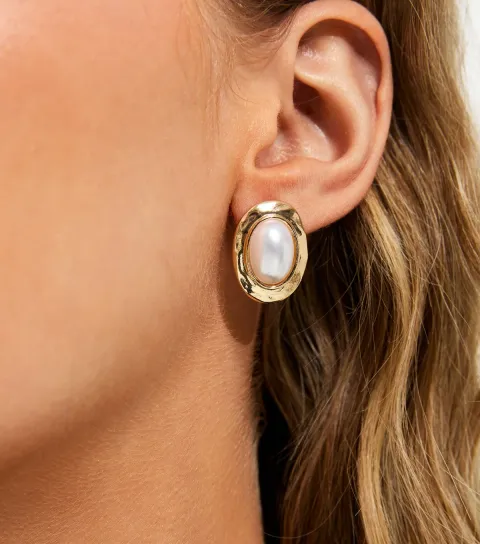 Gold Tone Faux Pearl Oval Stud Earrings
