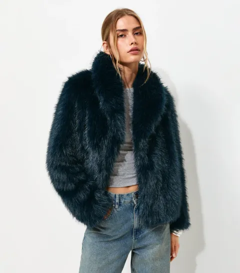 Women's Navy Faux Fur Shawl Collar Jacket