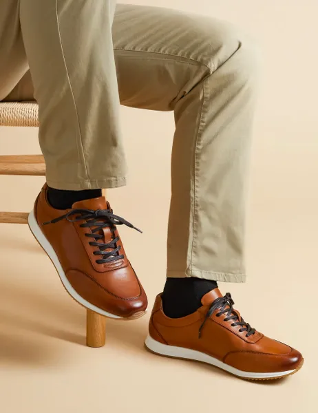 Jones Bootmaker Leather Lace Up Trainers Tan