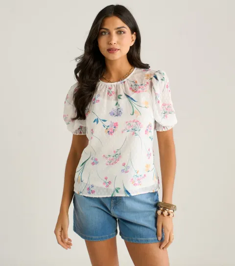 Women's White Chiffon Floral Print Shirred Blouse
