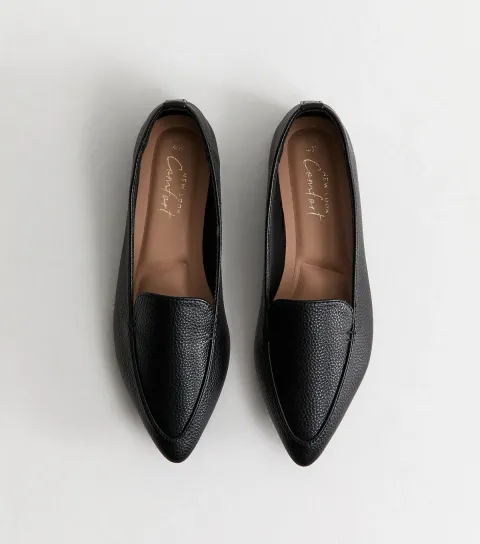 New Look Women's Black Faux Leather Flat Pointed Loafers Vegan