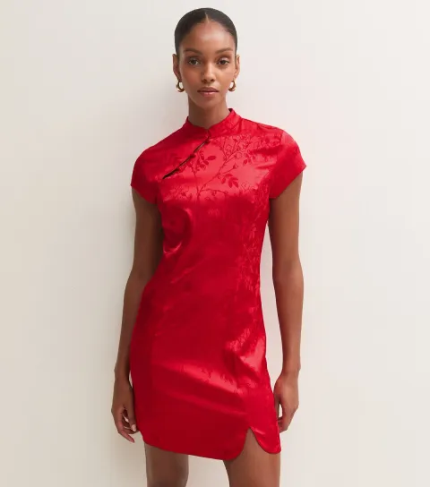 New Look Women's Bright Red Floral Satin Mandarin Collar Mini Dress