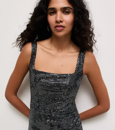 Women's Black Sequin Square Neck Wrap Midi Dress