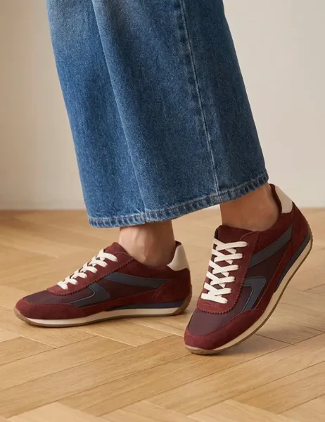 Jones Bootmaker Aeries Leather Lace Up Trainers Burgundy Mix