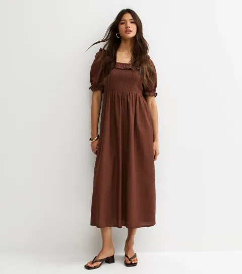 New Look Women's Dark Brown Short Sleeve Shirred Frill Midi Dress
