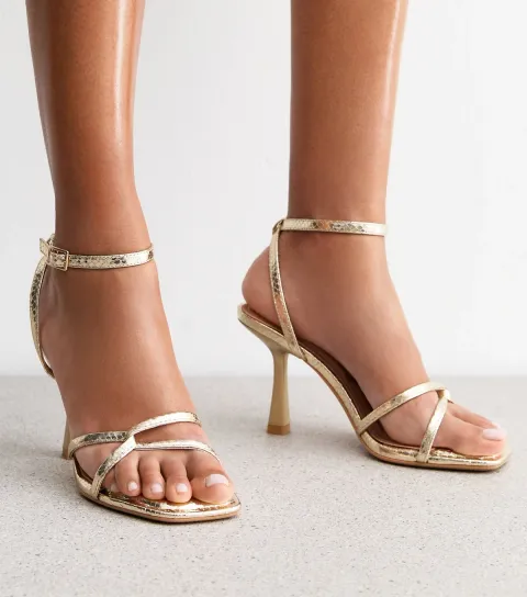 New Look Women's Gold Intertwined Strap Faux Leather Heeled Sandals Vegan