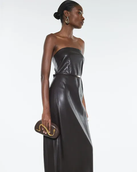 River Island Faux Leather Belted Bandeau Midi Dress