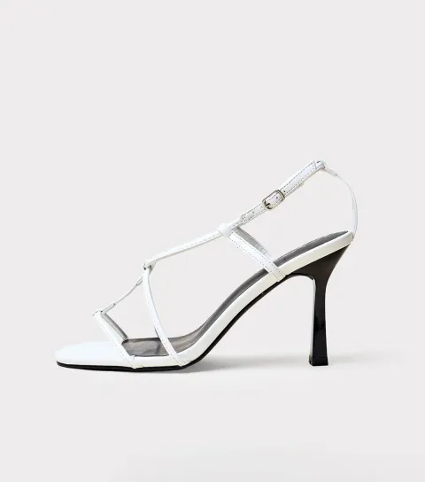 Women's White Marie Faux Leather Strappy Midi Heeled Sandals