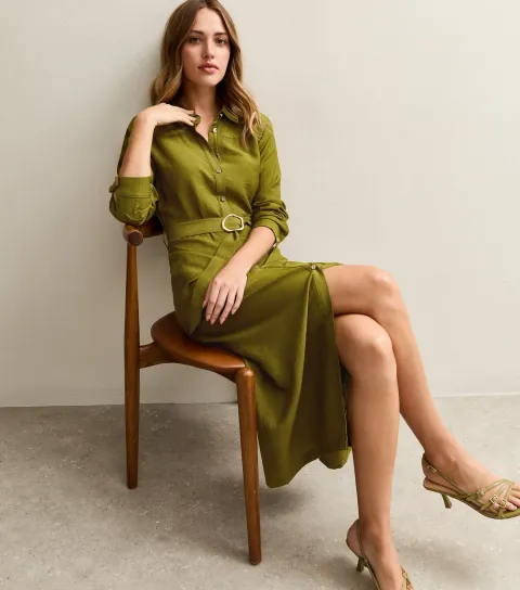 Women's Light Khaki Long Sleeve Belted Midi Shirt Dress