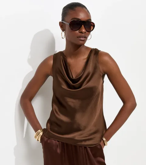 Women's Dark Brown Satin Cowl Neck Sleeveless Top