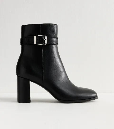 Women's Black Leather Buckled Ankle Boots