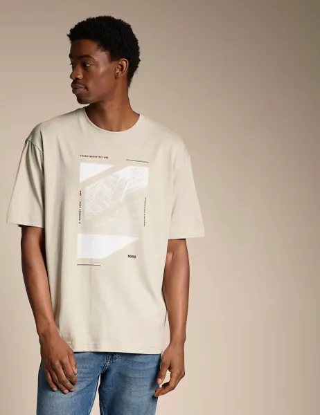 Boss Cotton Blend Graphic T-Shirt Beige