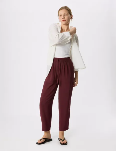 Whistles Tie Waist Straight Leg Cropped Trousers Dark Burgundy