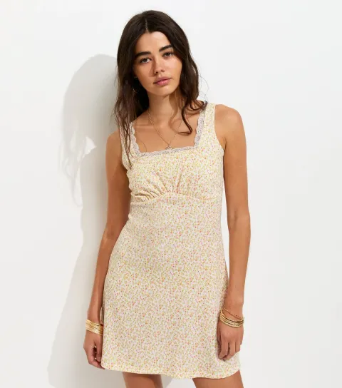 Women's Cream Floral Print Lace Trim Square Neck Mini Dress