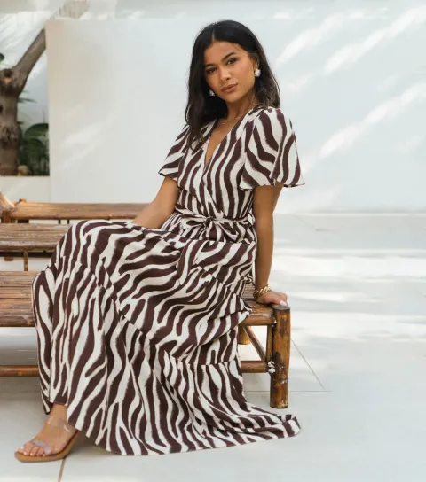 Women's Brown Zebra Print Wrap Dress