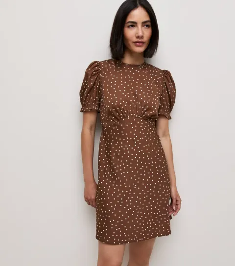 Women's Brown Crepe Spot Print Short Sleeve Mini Dress