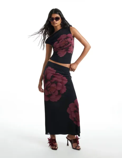 River Island Mesh Floral Maxi Slip Skirt Black Mix
