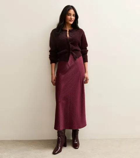 Women's Burgundy Spot Jacquard Satin Bias Cut Midi Skirt