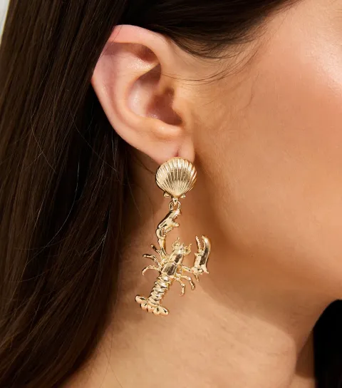 Gold Tone Lobster Drop Stud Earrings