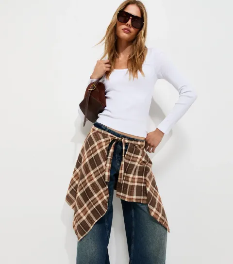 Brown Cotton Check Waist Bandana