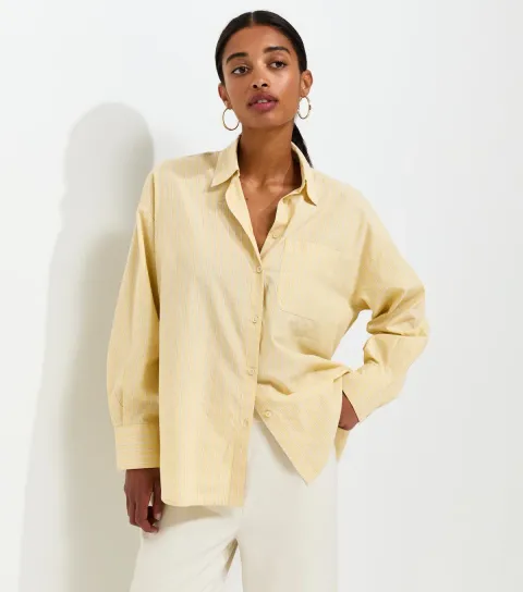 Women's Yellow Cotton Striped Long Sleeve Shirt