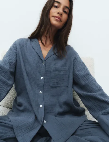 Marks & Spencer Cool Comfort Pure Cotton Muslin Pyjama Set Steel Blue
