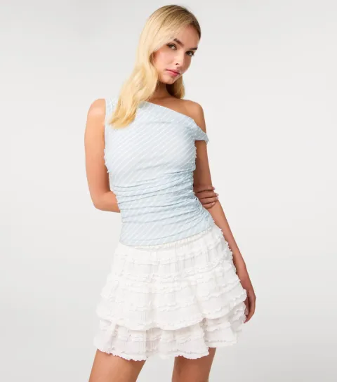 Pink Vanilla Women's Light Blue Striped Off The Shoulder Top