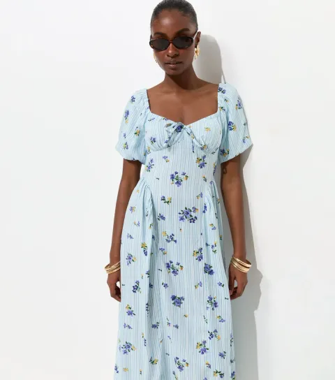 Women's Blue Floral Stripe Milkmaid Midi Dress