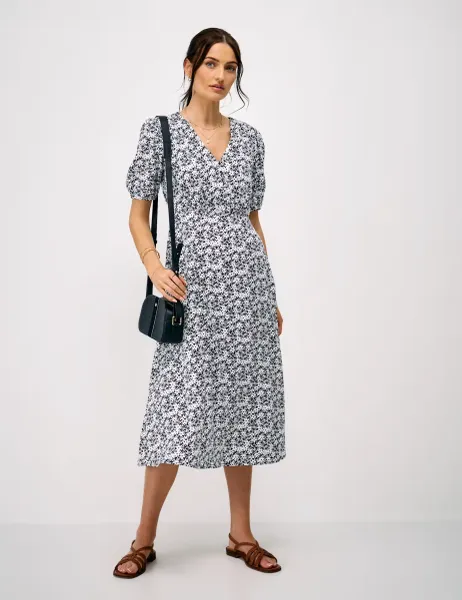 Crew Clothing Floral V-Neck Puff Sleeve Midi Tea Dress Navy Mix