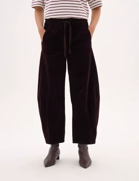 HUSH Corduroy Mid Rise Barrel Leg Trousers Burgundy