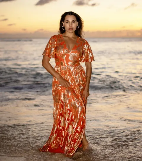 Women's Orange Metallic Floral Maxi Dress