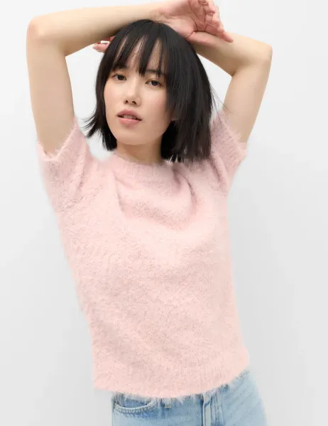 Marks & Spencer Textured Crew Neck Slim Fit Knitted Top Pale Pink