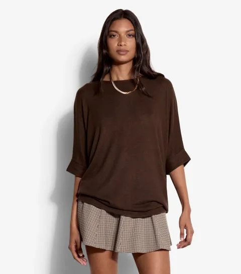 Women's Dark Brown Turn Up Batwing Sleeve Top