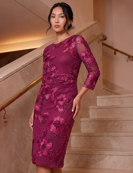 Roman Mesh Pleated Midi Dress Burgundy