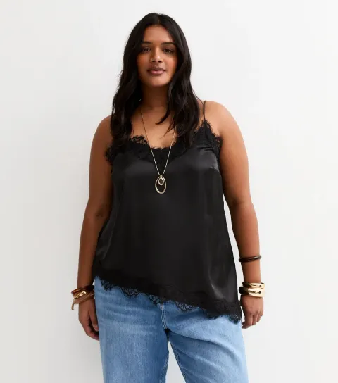 Women's Plus Size Black Longline Lace Cami Top Curves