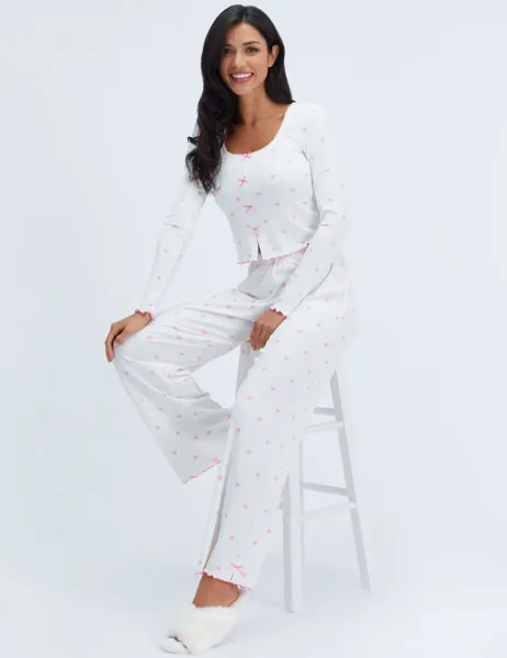 Boux Avenue Heart Ribbed Bow Pyjama Set Ivory Mix