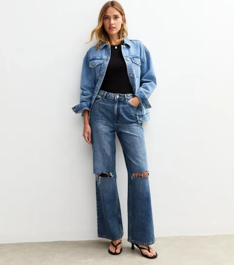 Women's Blue Ripped Knee Adalae Wide Leg Jeans